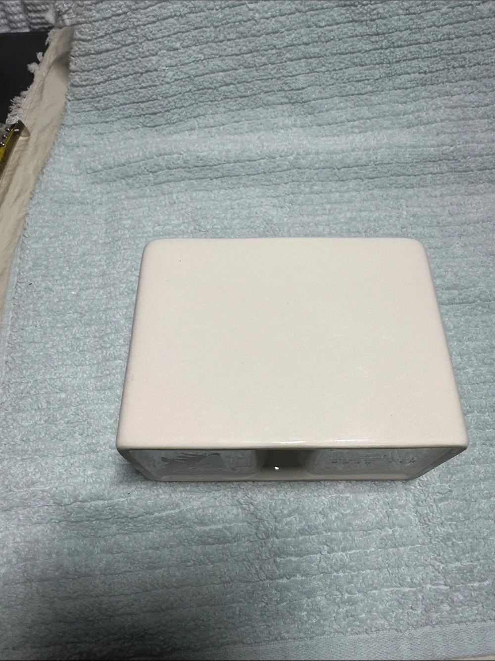 Cream 'STUFF' Ceramic 2 section storage container by Rae Dunn